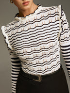 Ruffled Striped Openwork Knit Top
