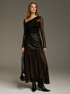 Belted Mesh Hem Faux Leather Maxi Skirt