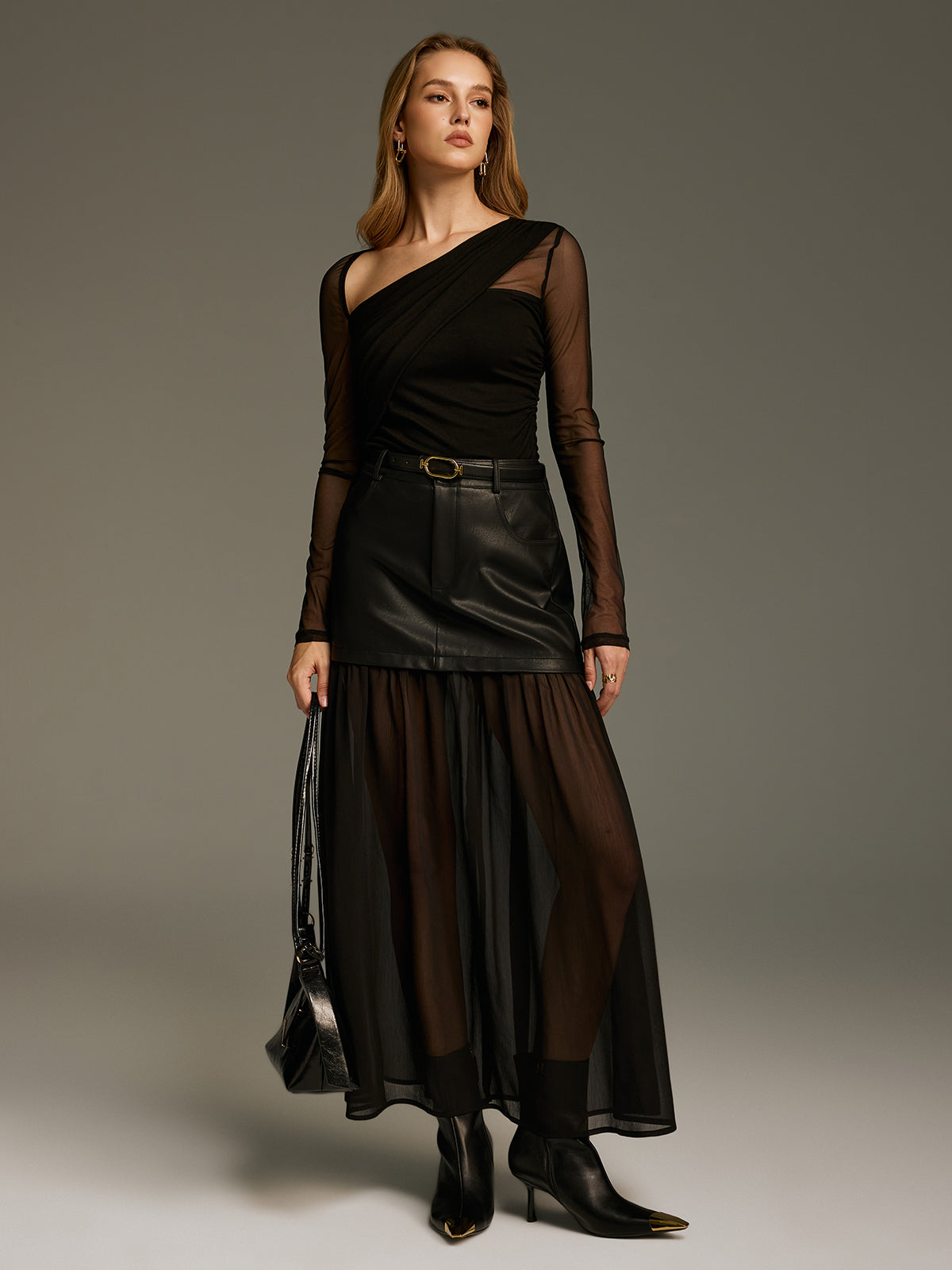Belted Mesh Hem Faux Leather Maxi Skirt