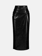 Crocodile Faux Leather Ruched Midi Skirt