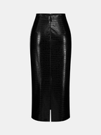 Crocodile Faux Leather Ruched Midi Skirt