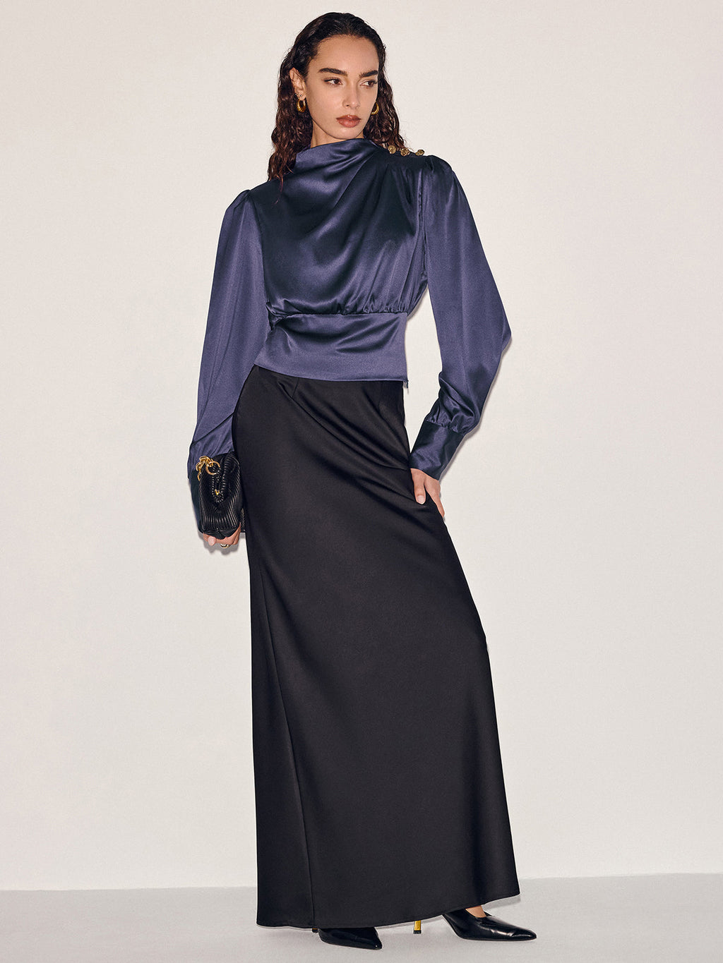 Satin Cinched-Waist Blouse with Metal Decor