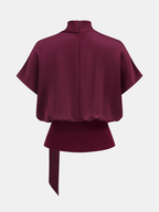 Draped Satin Mock Neck Blouse with Tie