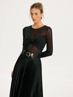 Twist-Front Sheer Mesh Long-Sleeve Top