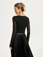 Twist-Front Sheer Mesh Long-Sleeve Top