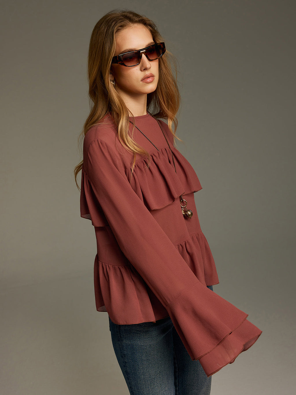 Bell Sleeve Chiffon Tiered Ruffle Blouse