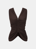 Hook-and-Eye Ruched V-Neck Sleeveless Top