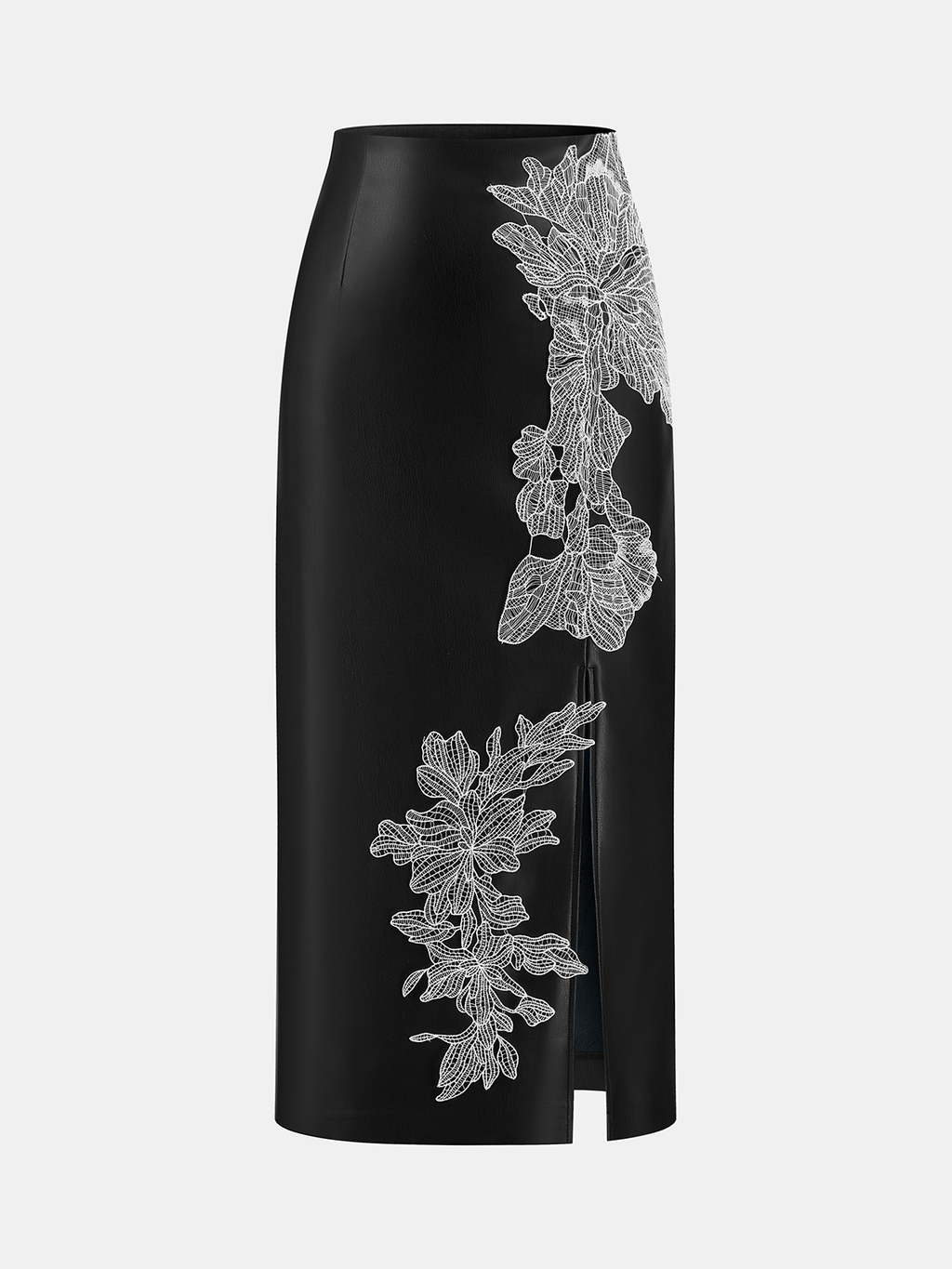 Floral Embroidered Slit PU Midi Skirt
