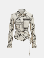 Abstract-Print Wrap-Tie Long-Sleeve Shirt