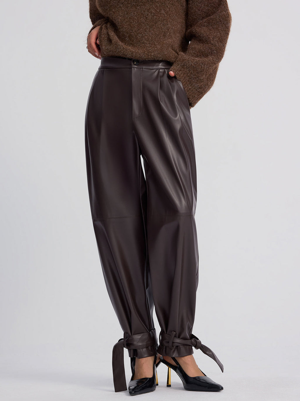 Cuff-Tie Faux Leather Tapered Pants