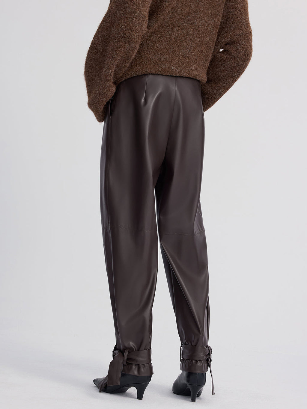 Cuff-Tie Faux Leather Tapered Pants