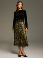 Leopard-Print Lace-Trimmed Midi Skirt