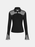 Sheer Polka-Dot Panel Button-Front Shirt