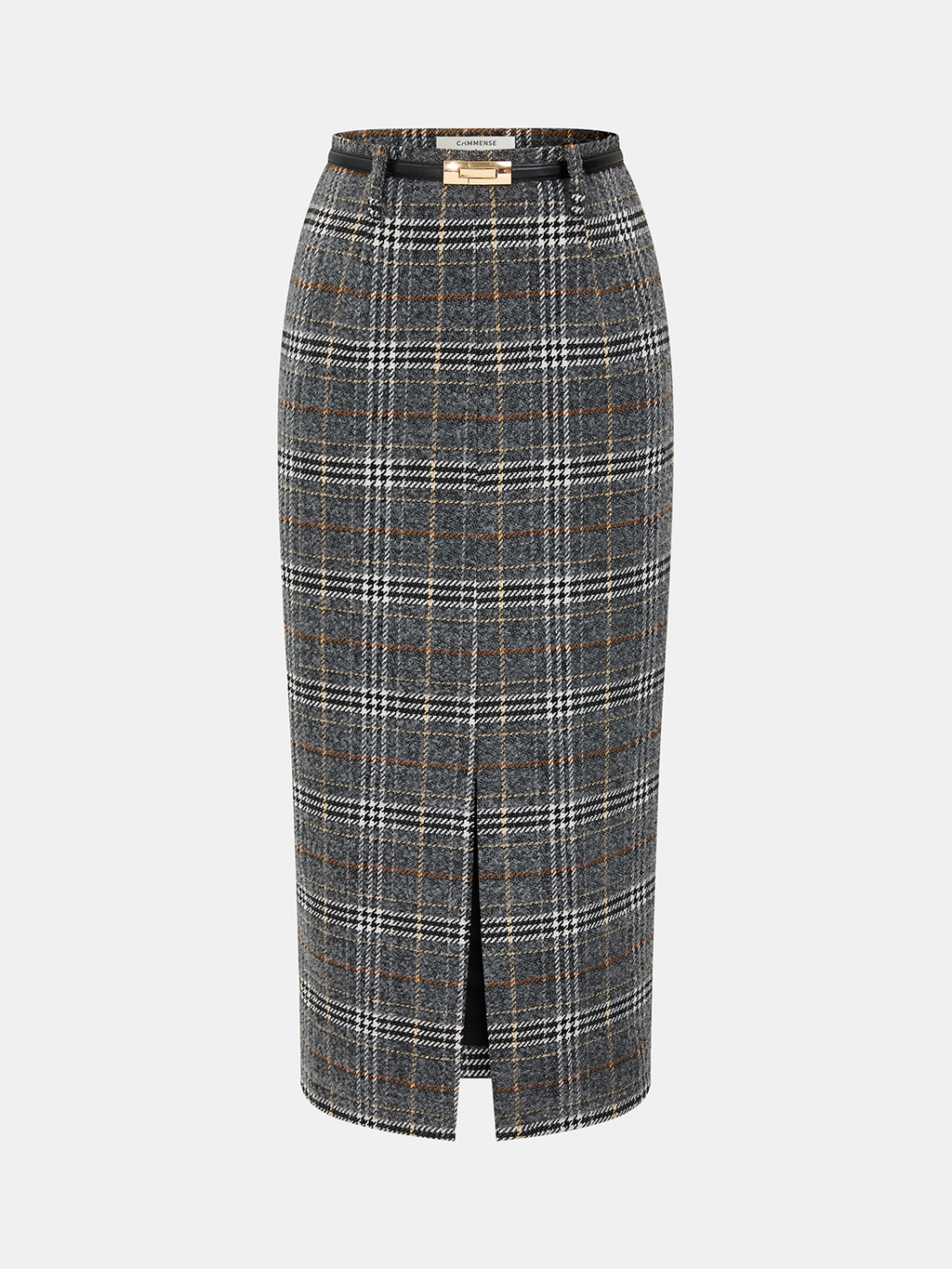 Belted Tweed Plaid Midi Skirt