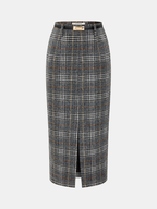 Belted Tweed Plaid Midi Skirt