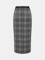 Belted Tweed Plaid Midi Skirt