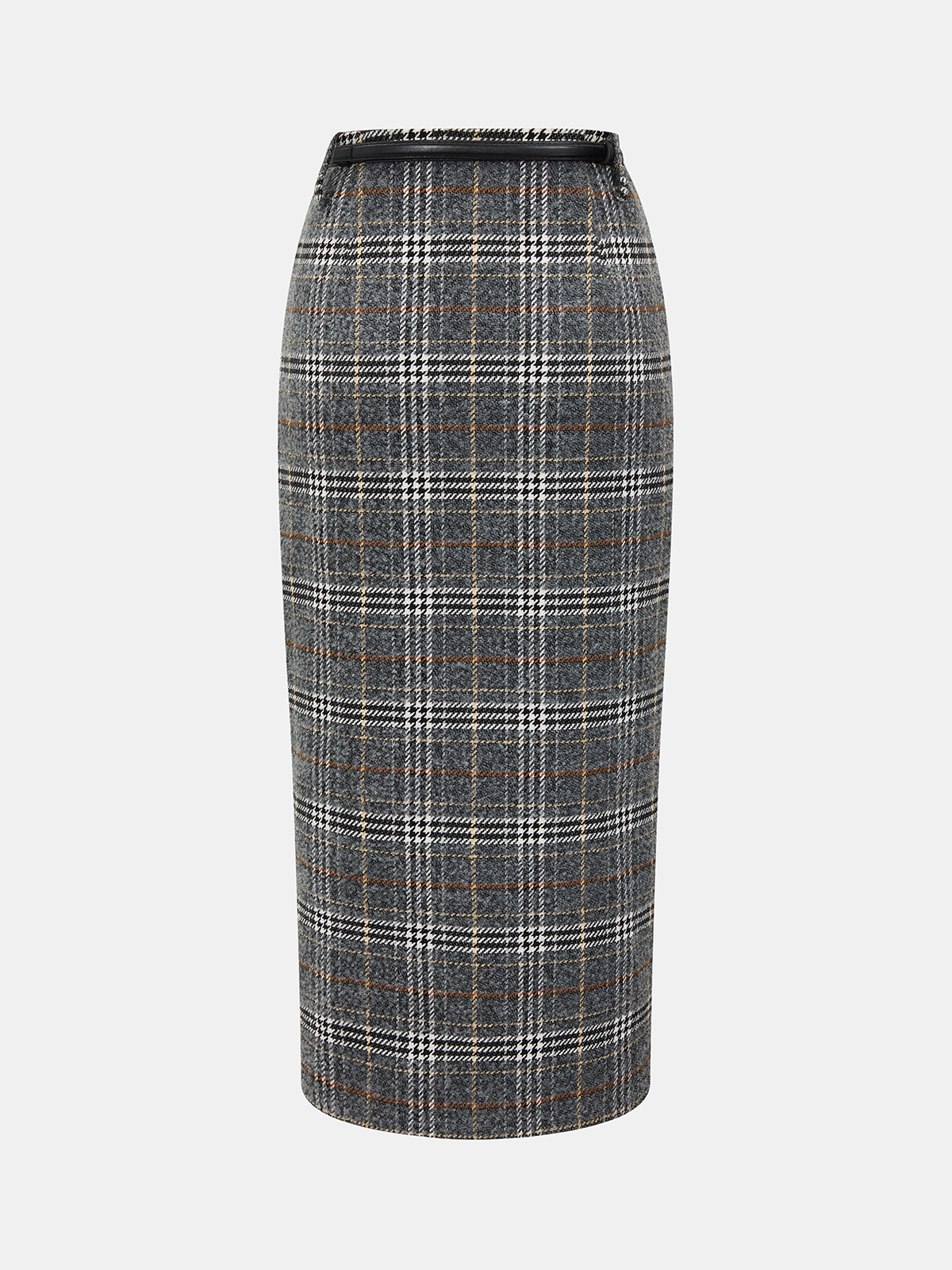 Belted Tweed Plaid Midi Skirt