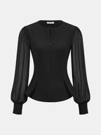 Sheer Sleeve Peplum Zipper Keyhole Neck Blouse