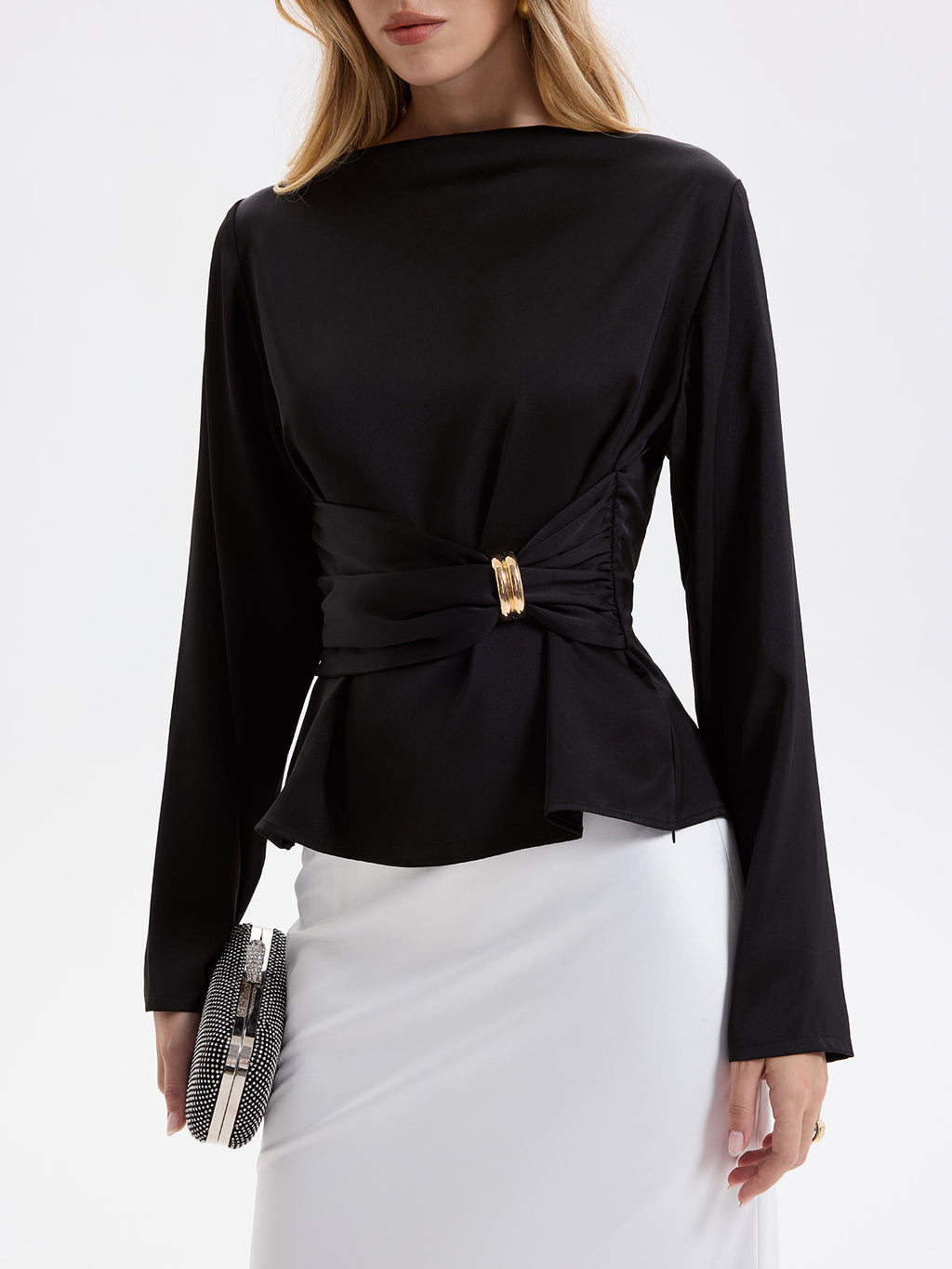 Metal Detail Ruched Waist Satin Blouse