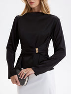 Metal Detail Ruched Waist Satin Blouse