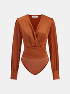 Satin V-Neck Long-Sleeve Ruched Bodysuit