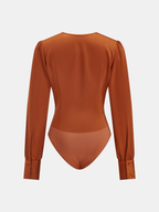 Satin V-Neck Long-Sleeve Ruched Bodysuit