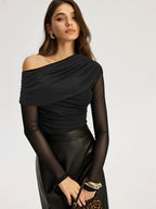 Semi-Sheer Mesh Off-Shoulder Ruched Top