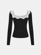 Lace Square Neck Ribbed Long-Sleeve Top