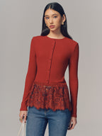 Lace Hem Ribbed  Long Sleeve Top