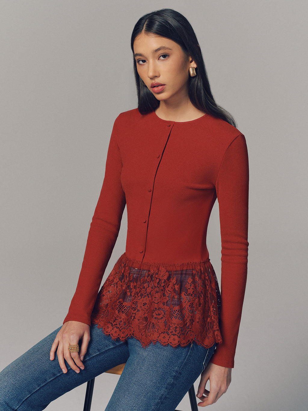 Lace Hem Ribbed  Long Sleeve Top