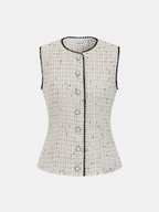 Contrast Trim Pearl Button Tweed Sleeveless Vest