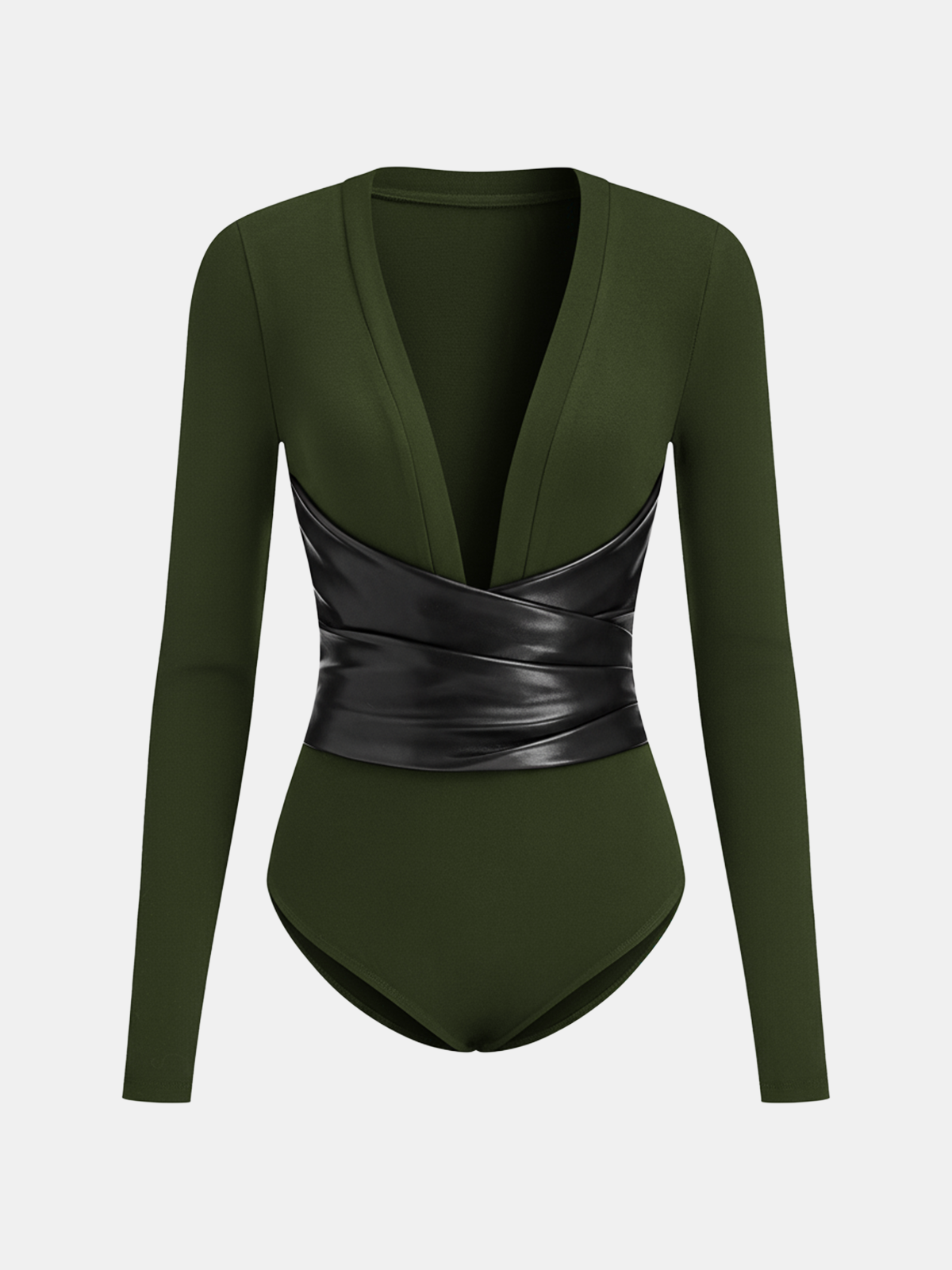 Faux Leather Wrap Waist V-Neck Bodysuit