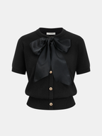 Decorative Button Bow Short-Sleeve Sweater