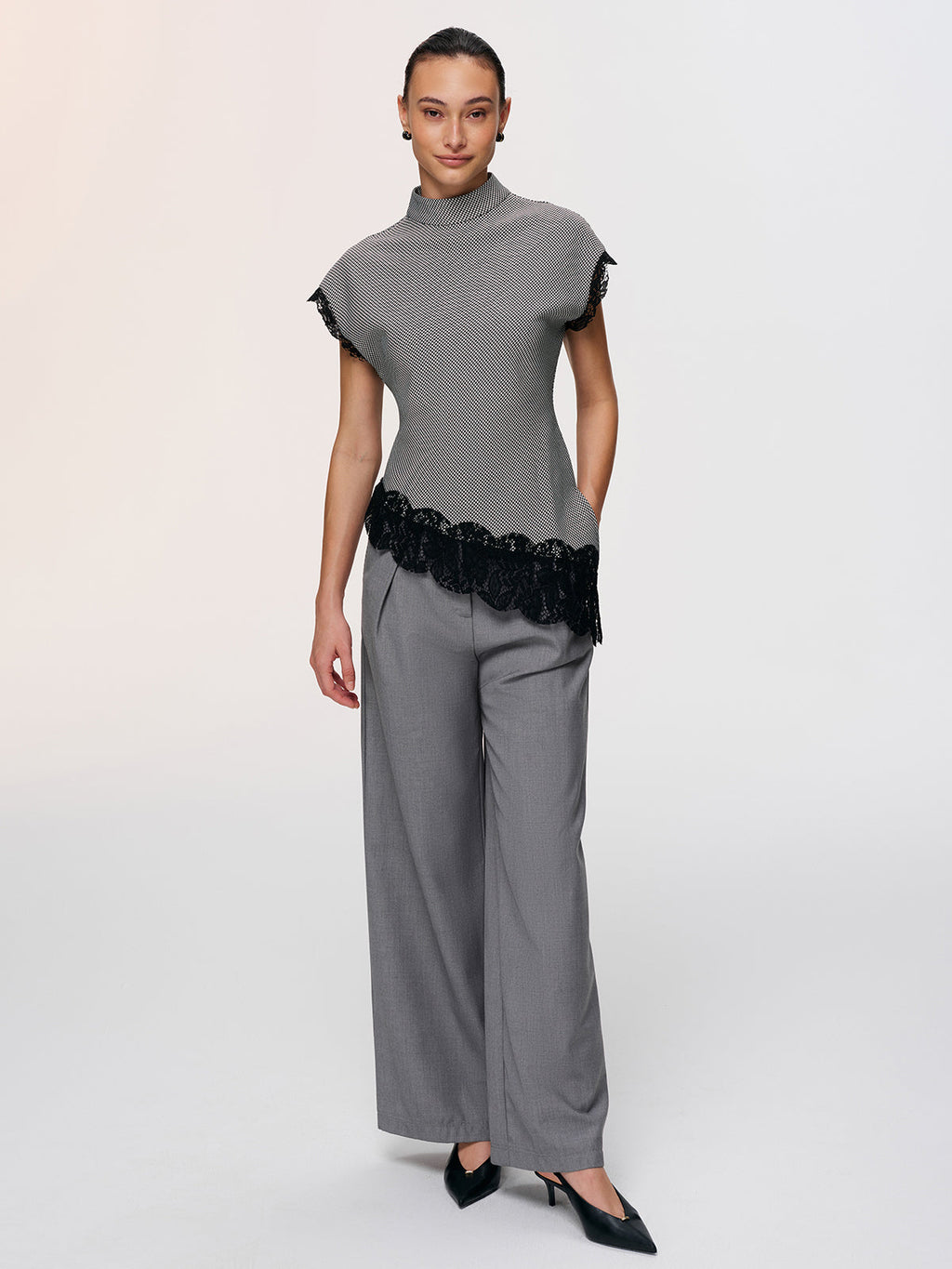Lace Trim Houndstooth Mock Neck Top