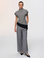 Lace Trim Houndstooth Mock Neck Top