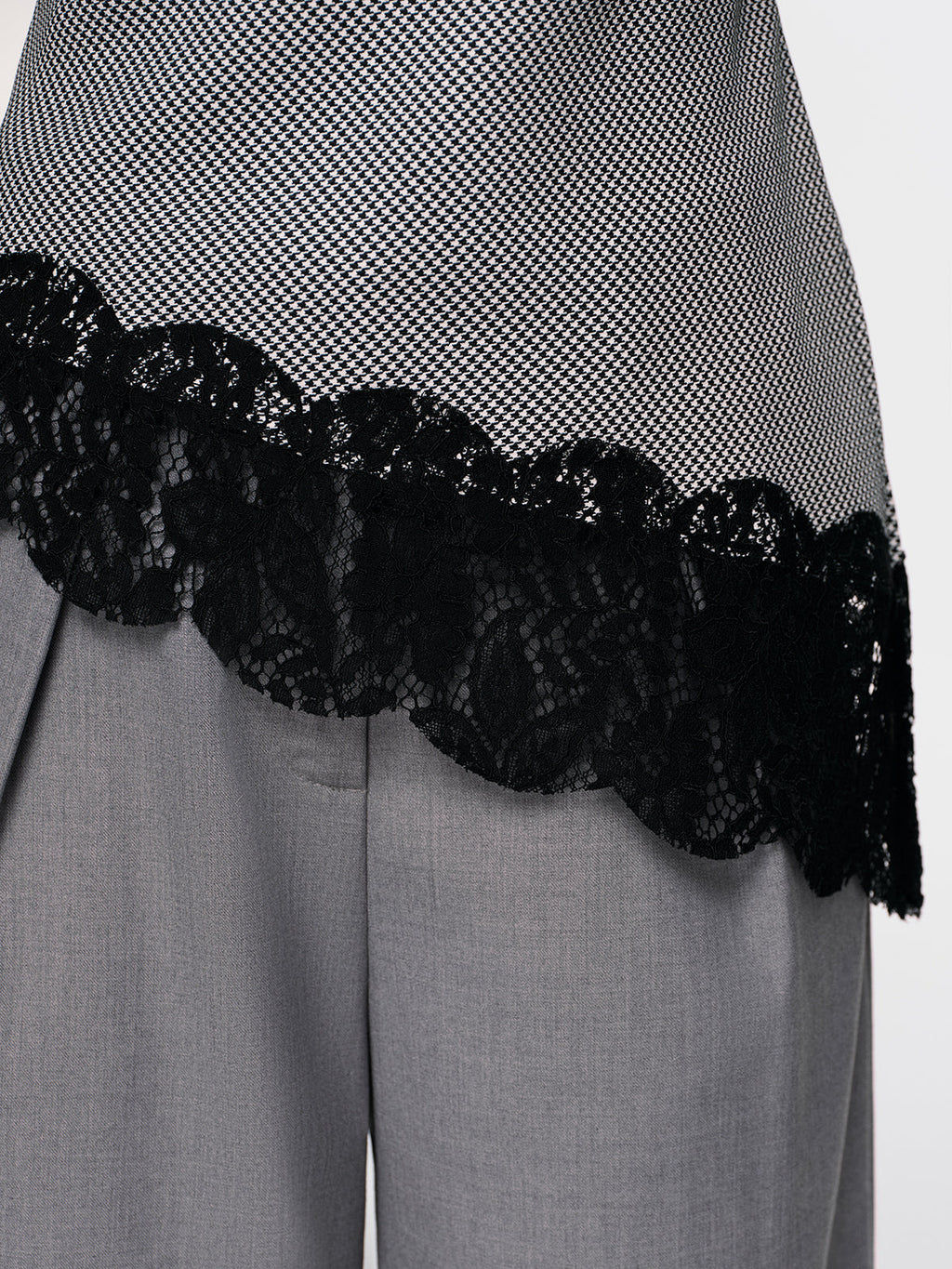 Lace Trim Houndstooth Mock Neck Top