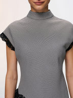 Lace Trim Houndstooth Mock Neck Top