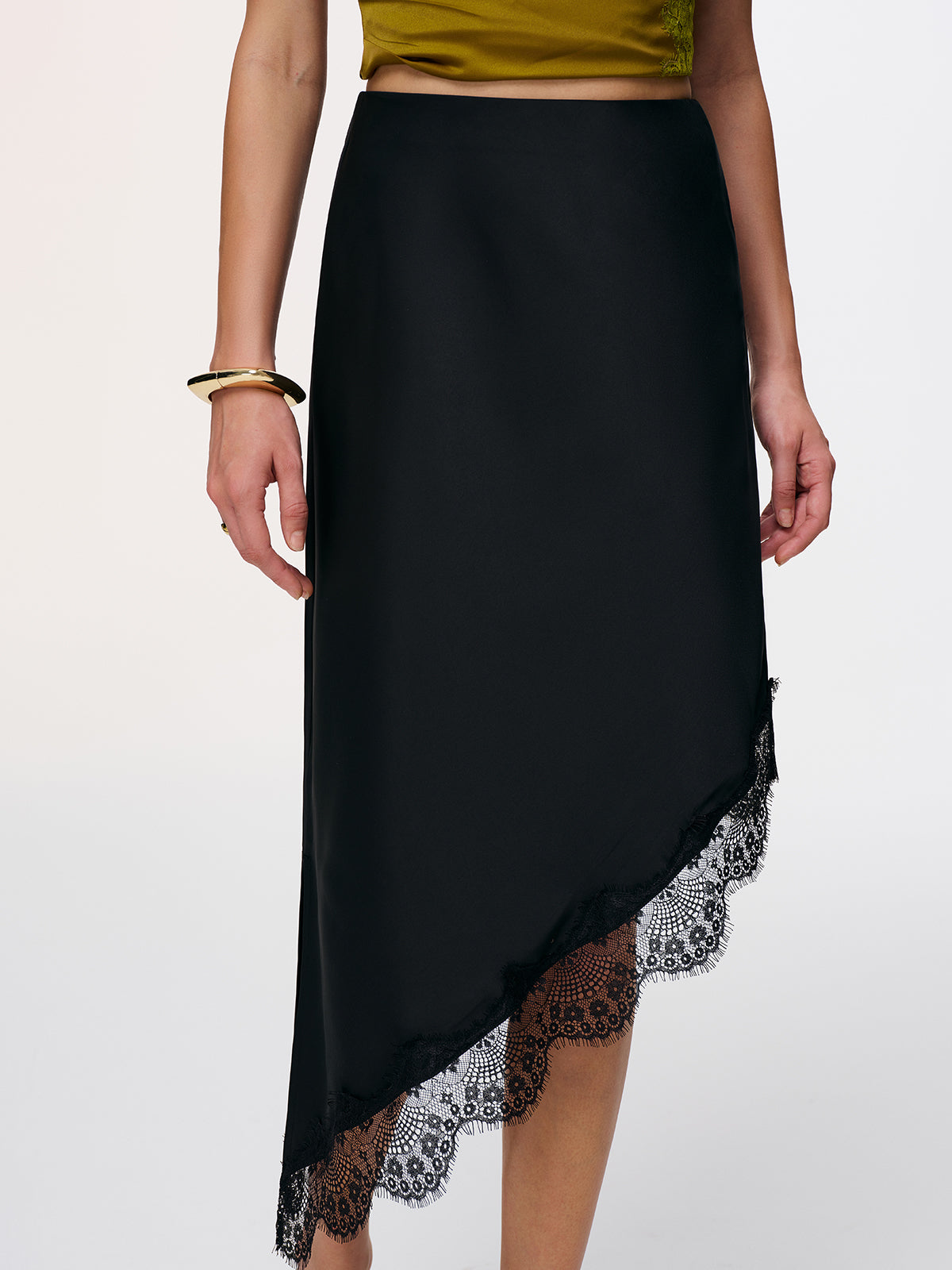 Satin Asymmetric Lace-Trim Midi Skirt