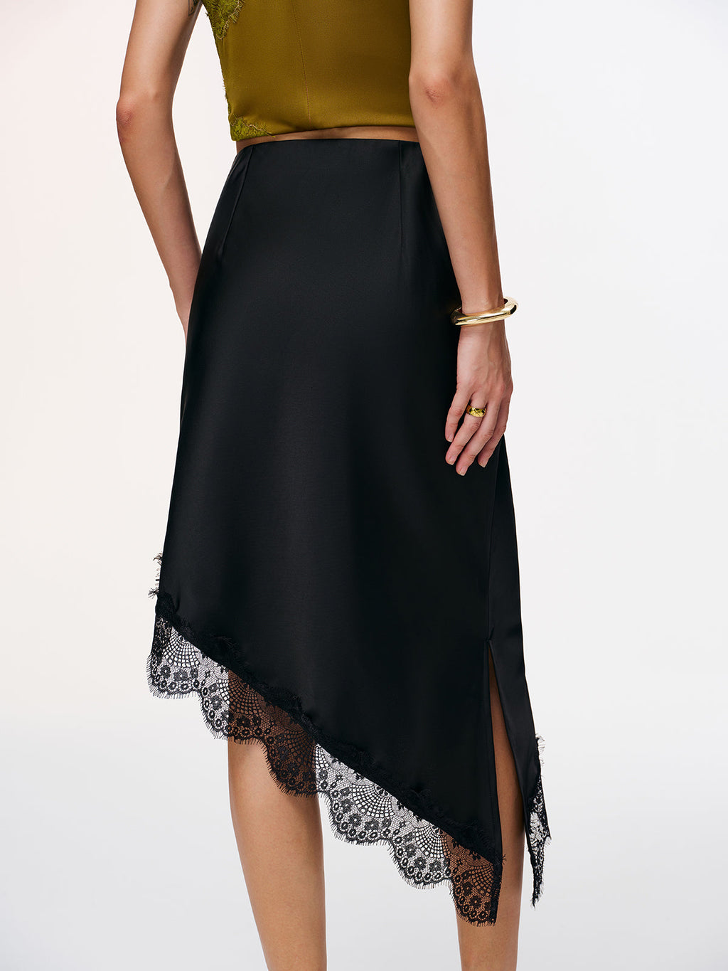 Satin Asymmetric Lace-Trim Midi Skirt