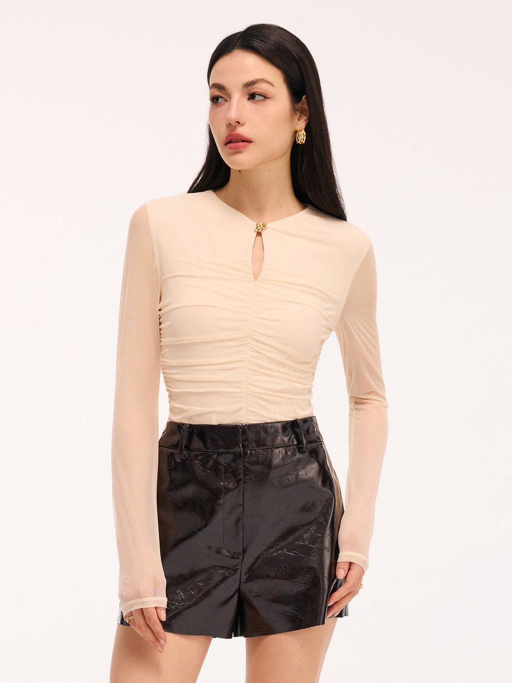 Keyhole Sheer Long-Sleeve Ruched Top