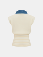 Denim Collar Sleeveless Cinched Waist Knit Top