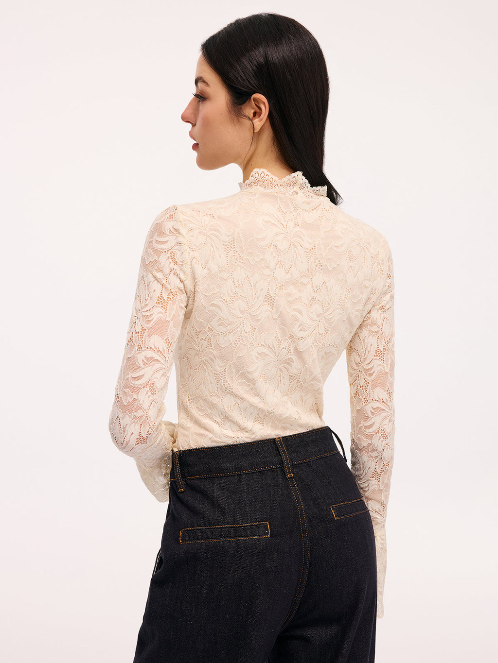 Lace Flared-Sleeve Mock Neck Bodysuit