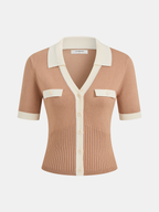 Collared Contrast Trim Button-Front Knit Top