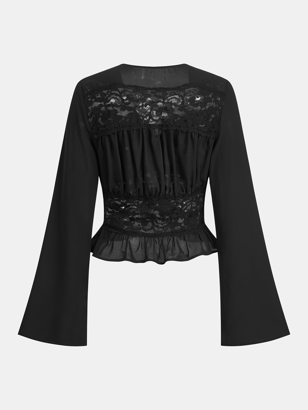 Lace-Paneled Bell-Sleeve Peplum Blouse