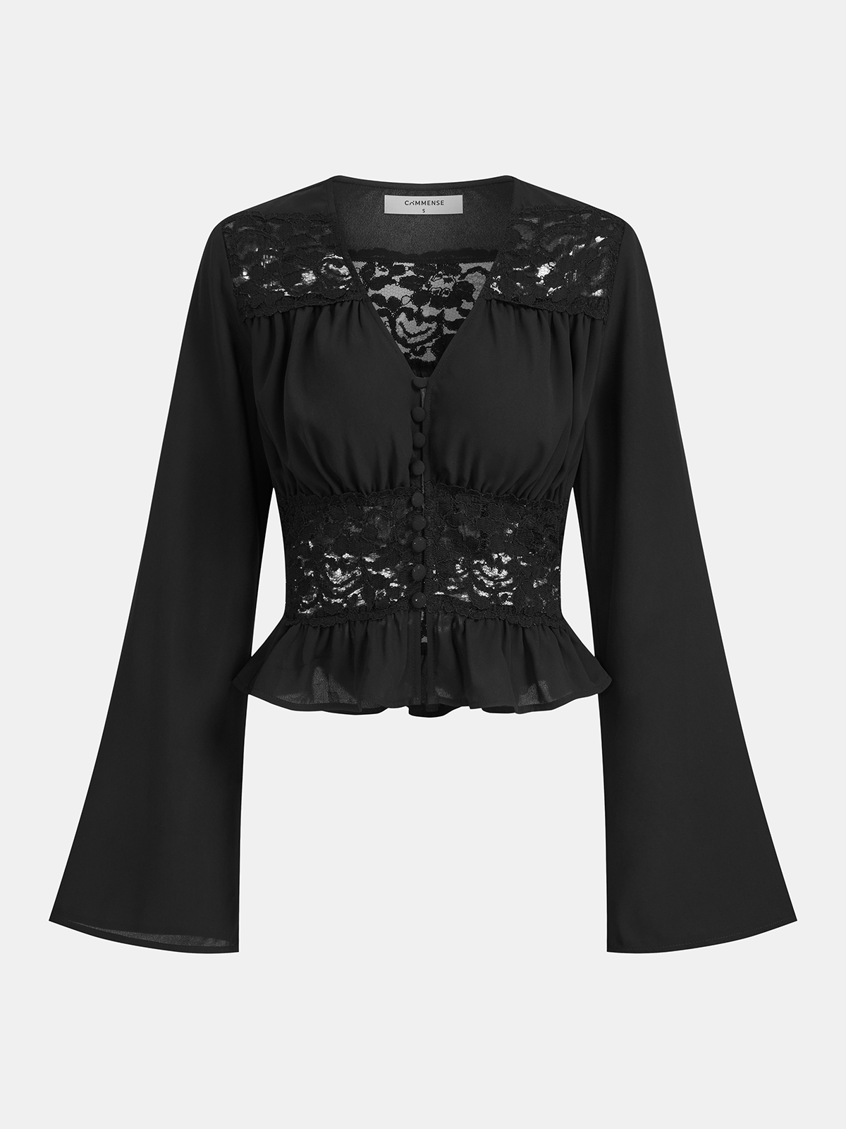Lace-Paneled Bell-Sleeve Peplum Blouse