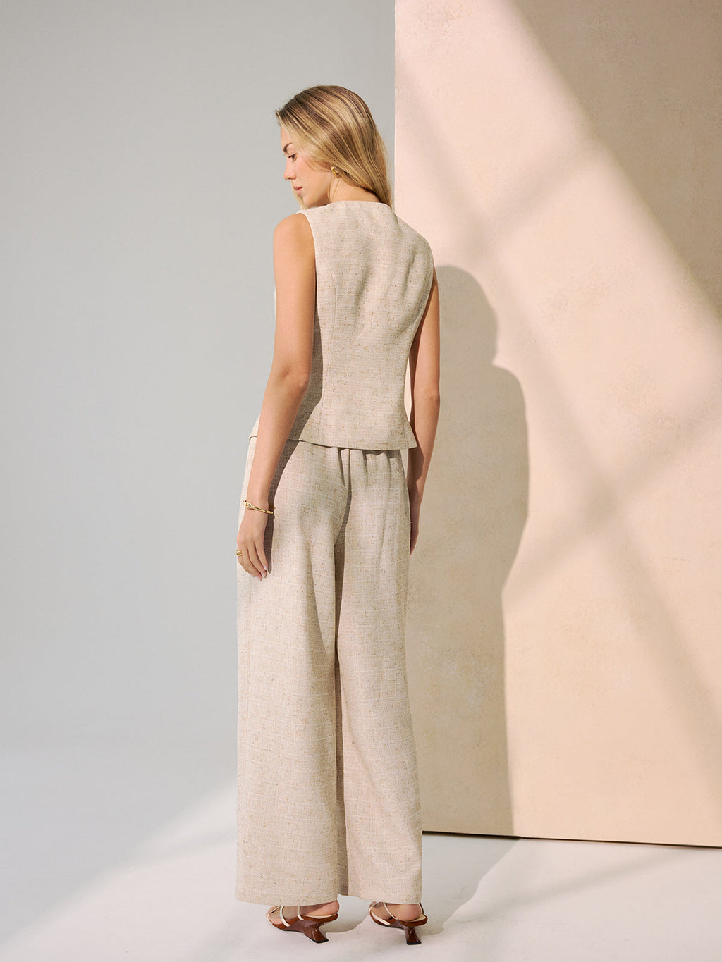 Metal Button Vest & Wide-Leg Pants Set