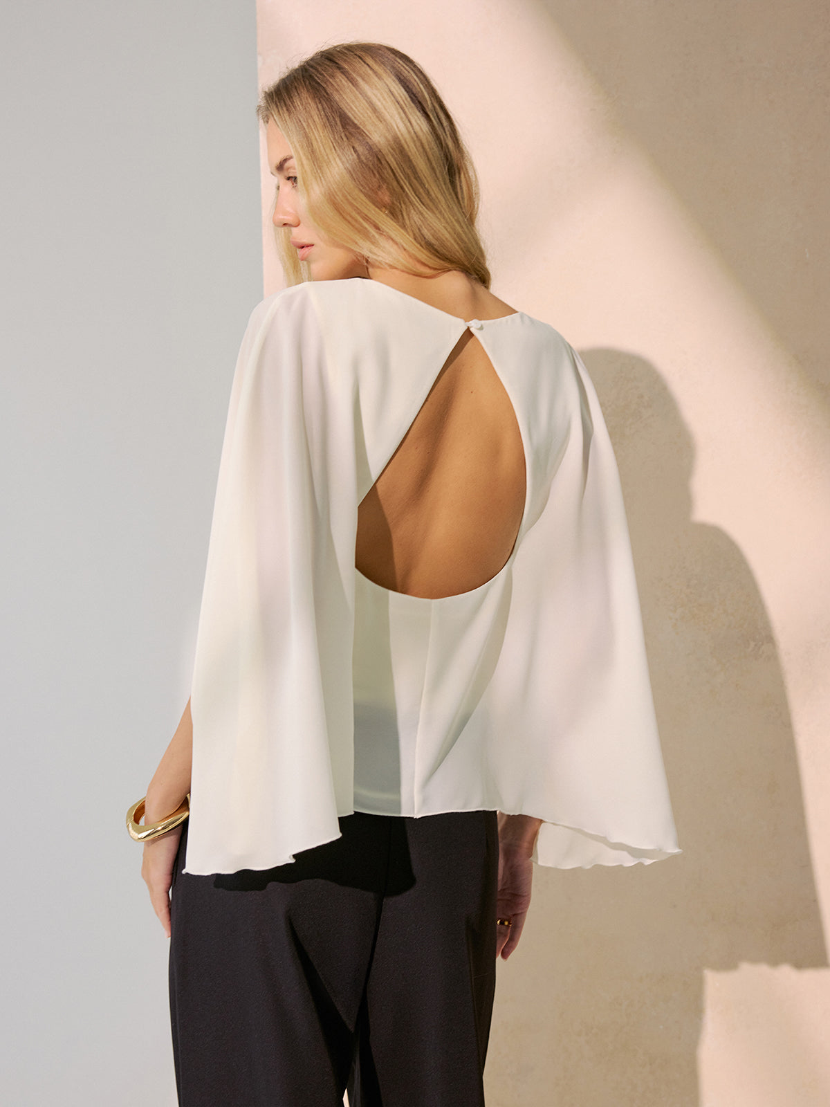 Backless Draped Cape-Sleeve Blouse