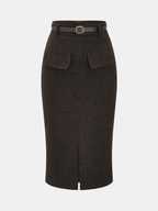 Faux Cashmere Belted Slit Pencil Skirt