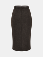 Faux Cashmere Belted Slit Pencil Skirt
