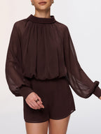 Semi-Sheer Chiffon Lantern Sleeve Romper
